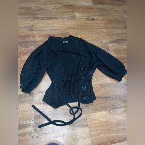 J. Jill Black Button-Front Knit Cardigan with Tie Waist, Grey Medium